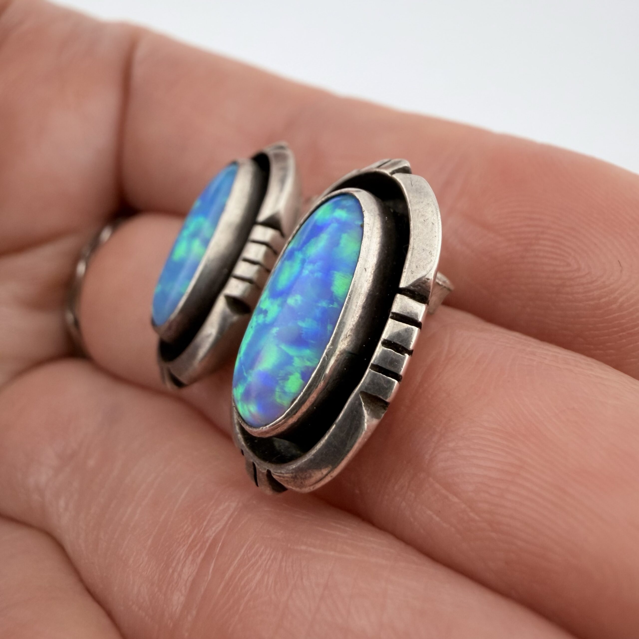 Vintage Michael Nez Native American Sterling Silver and Opal Earrings - Image 3