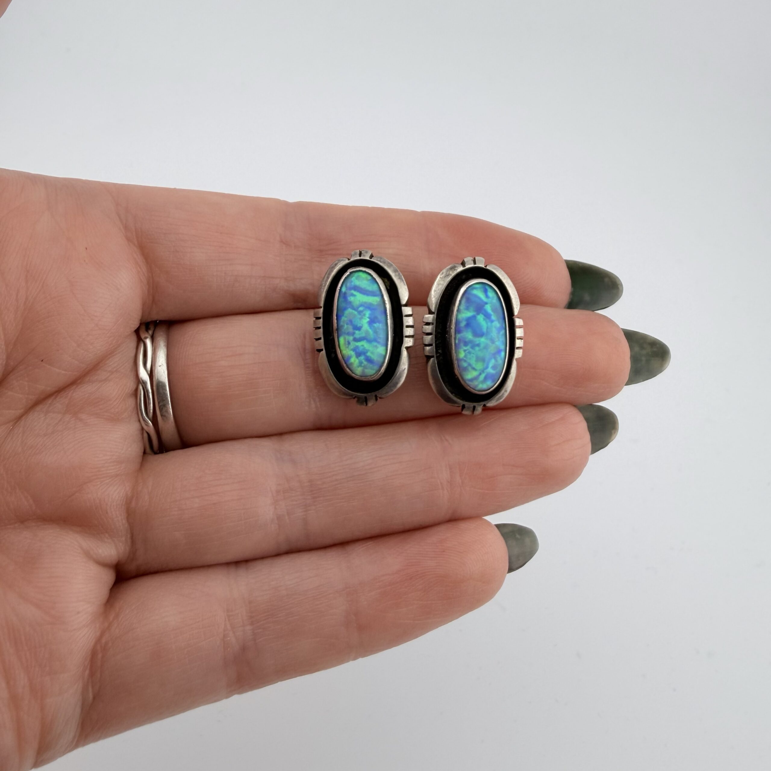 Vintage Michael Nez Native American Sterling Silver and Opal Earrings - Image 4
