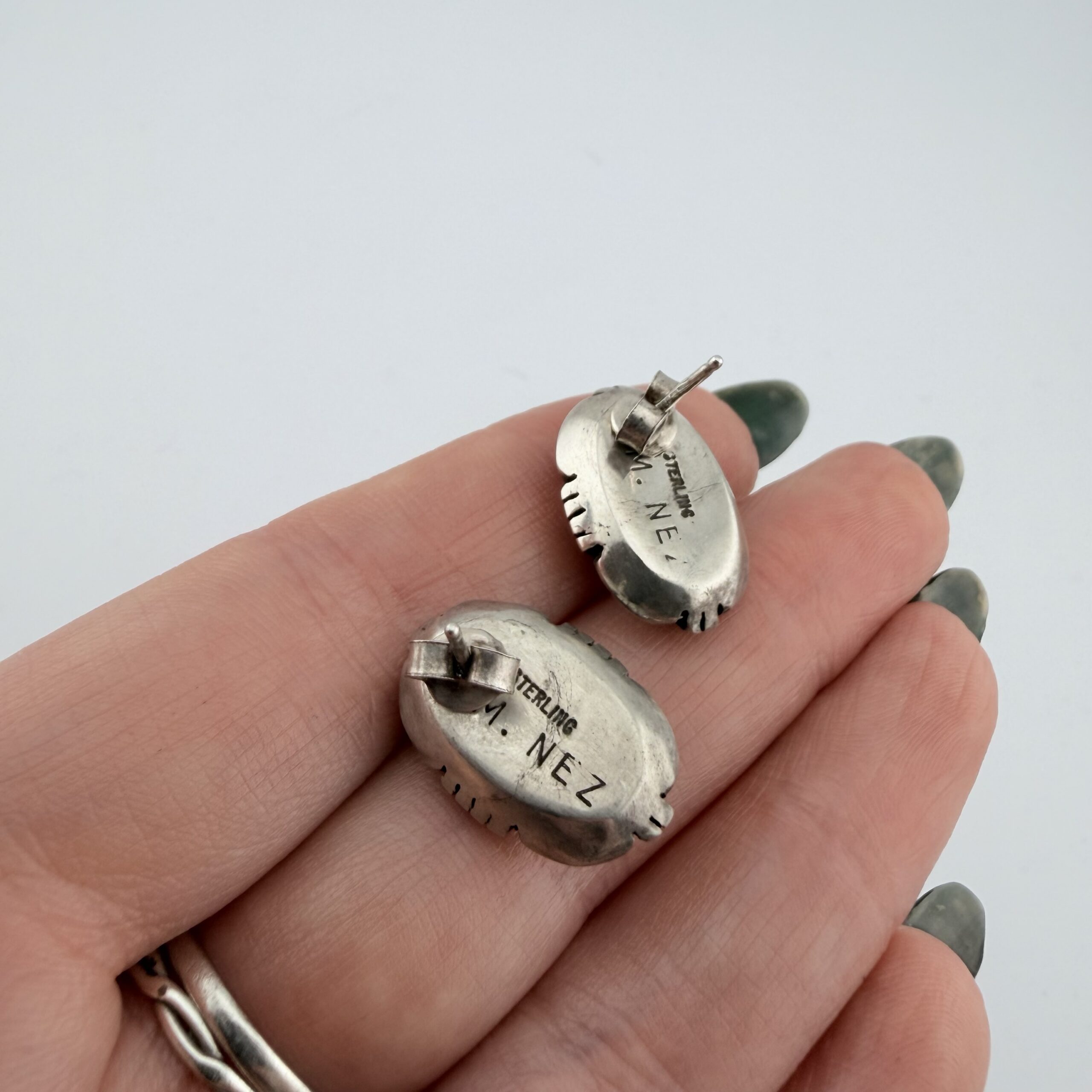 Vintage Michael Nez Native American Sterling Silver and Opal Earrings - Image 5