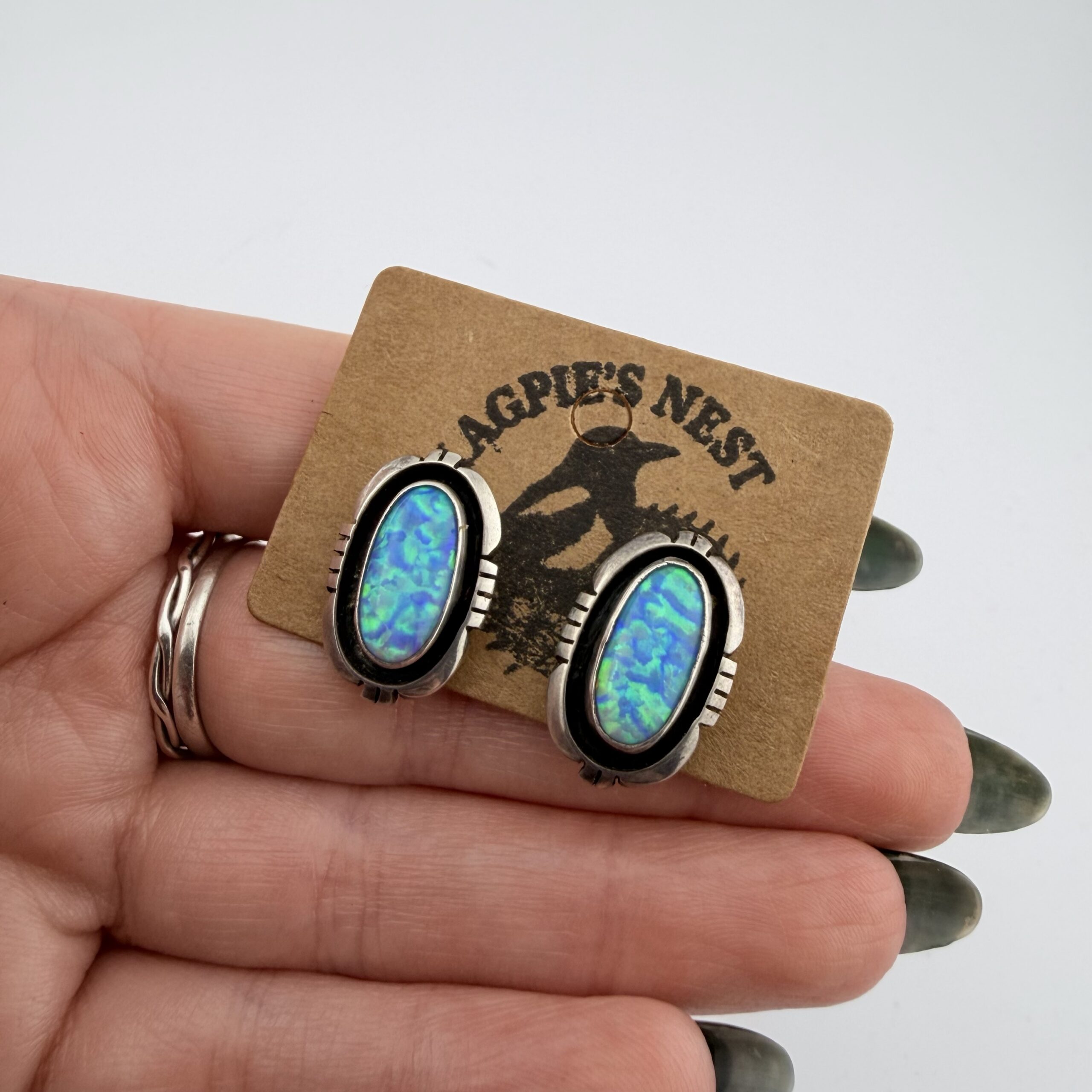Vintage Michael Nez Native American Sterling Silver and Opal Earrings - Image 7