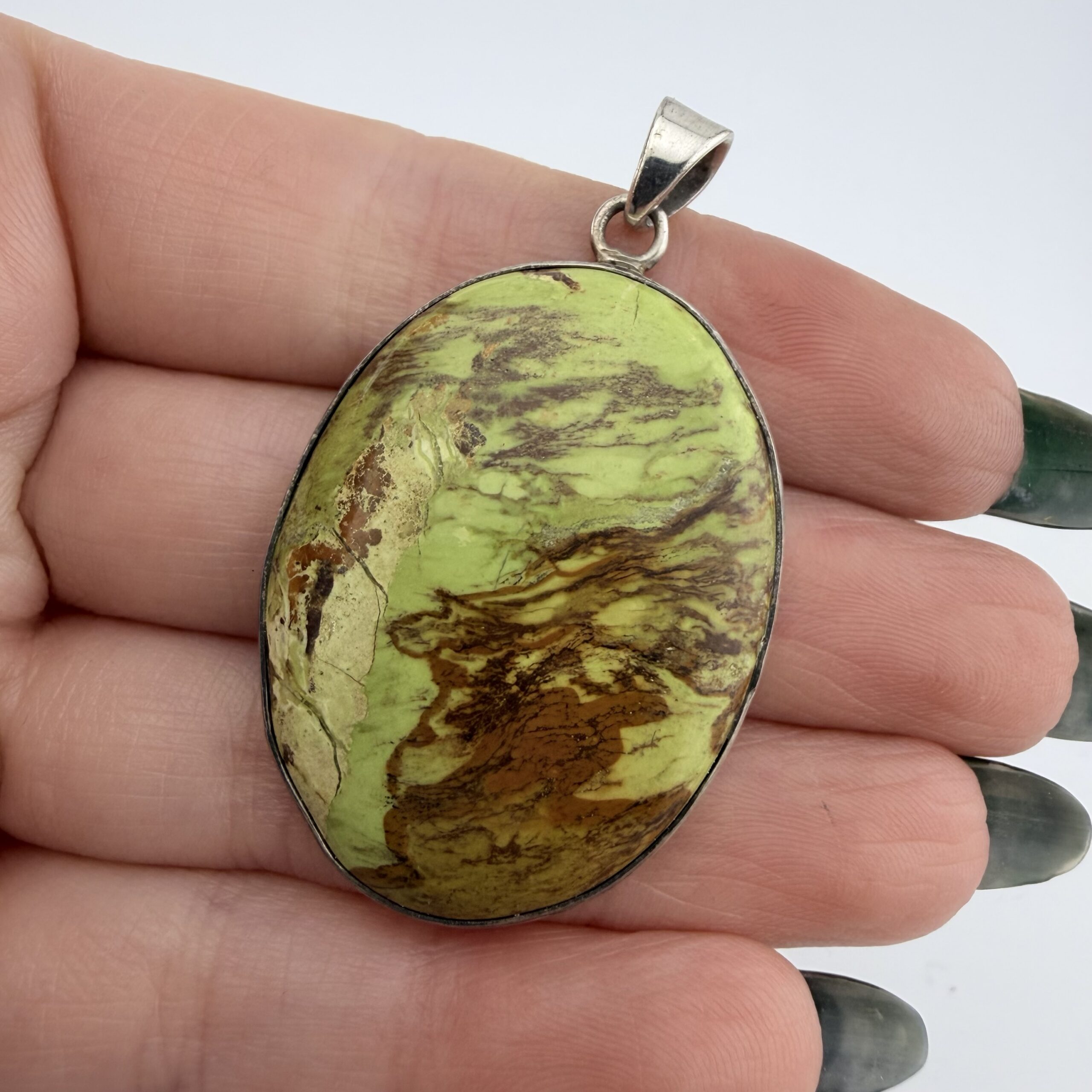 Vintage Sterling Silver and Madagascan Green Opal Pendant