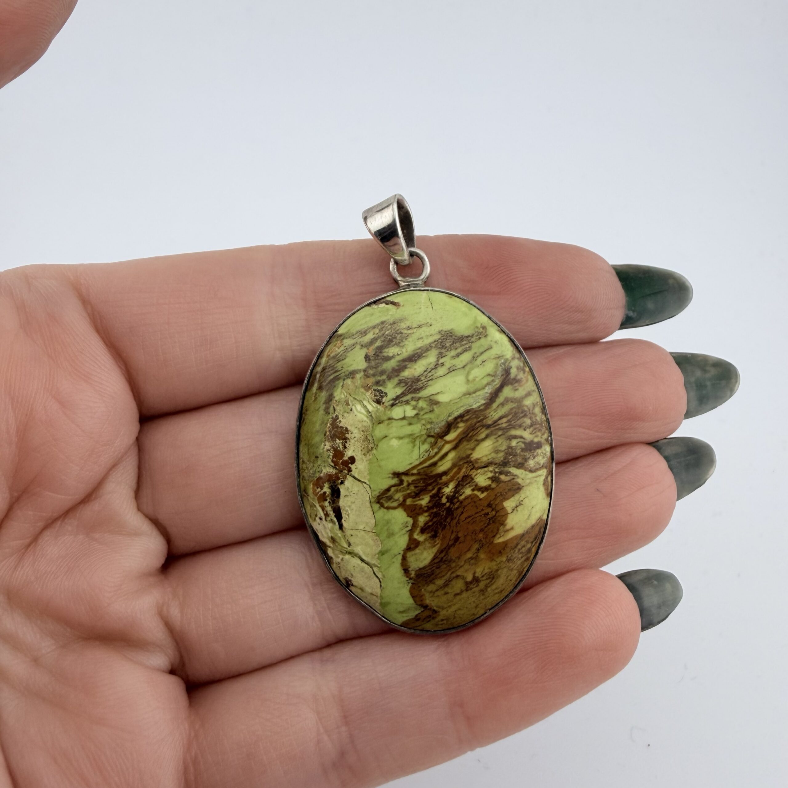 Vintage Sterling Silver and Madagascan Green Opal Pendant - Image 2