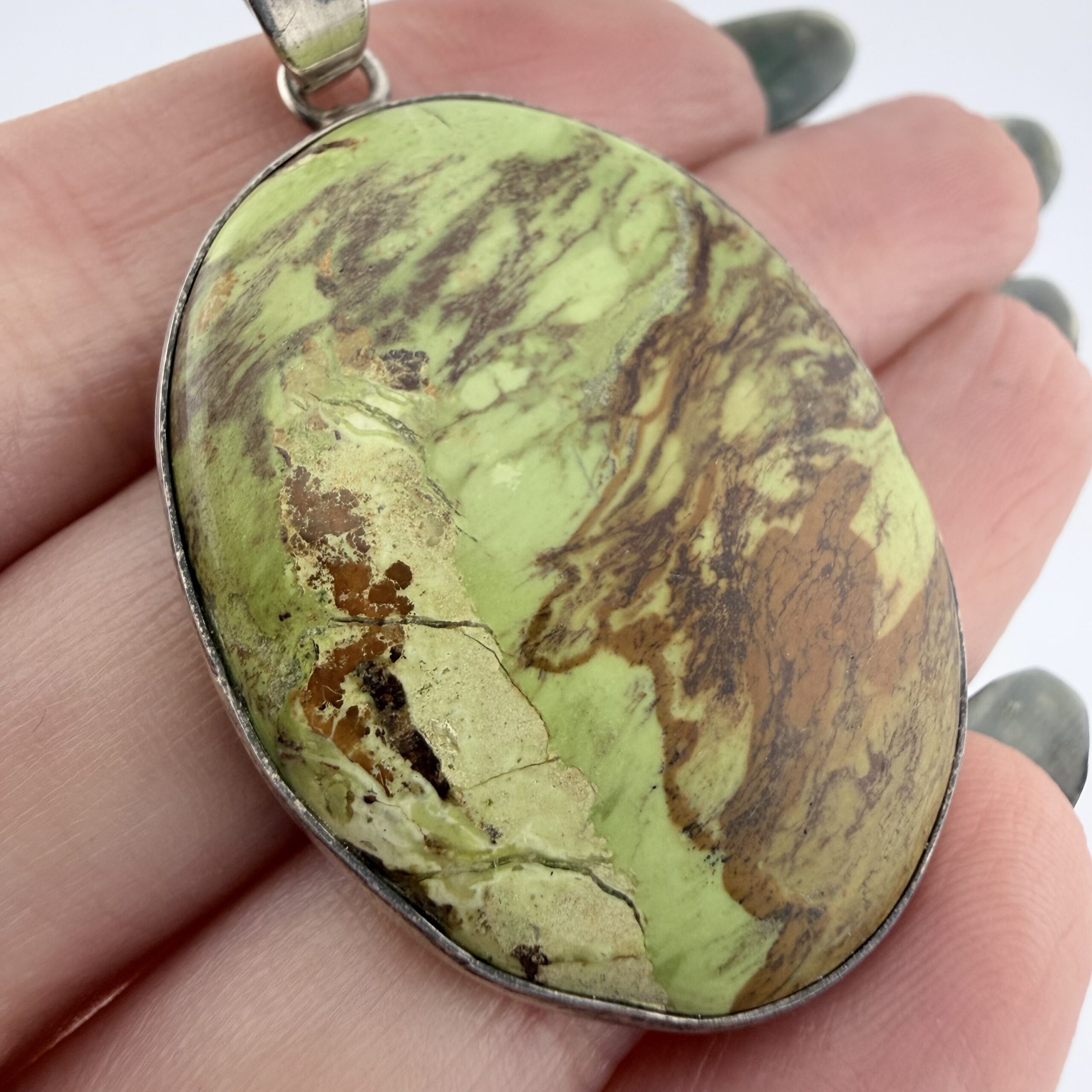 Vintage Sterling Silver and Madagascan Green Opal Pendant - Image 3