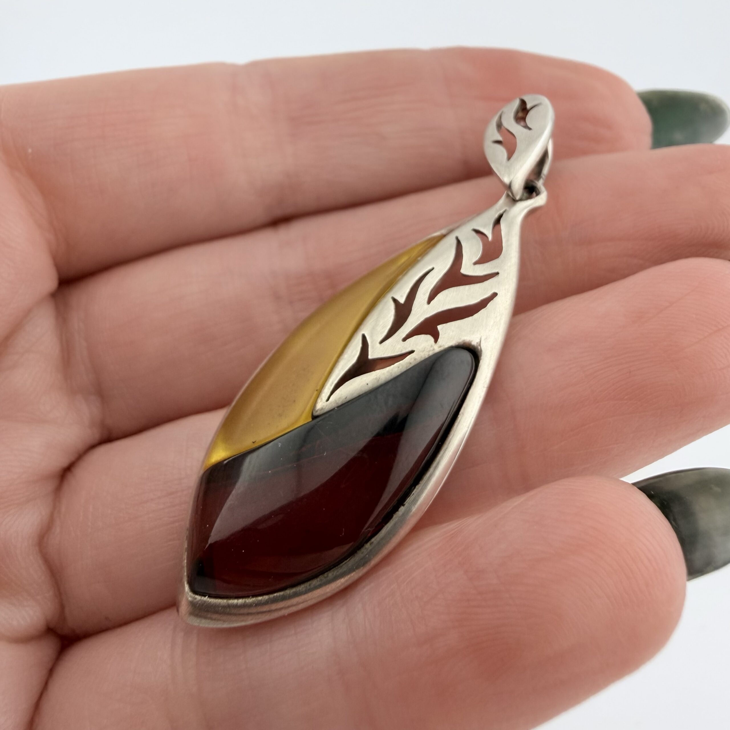 Vintage Valerio Sterling Silver and Polish Amber Pendant - Image 4