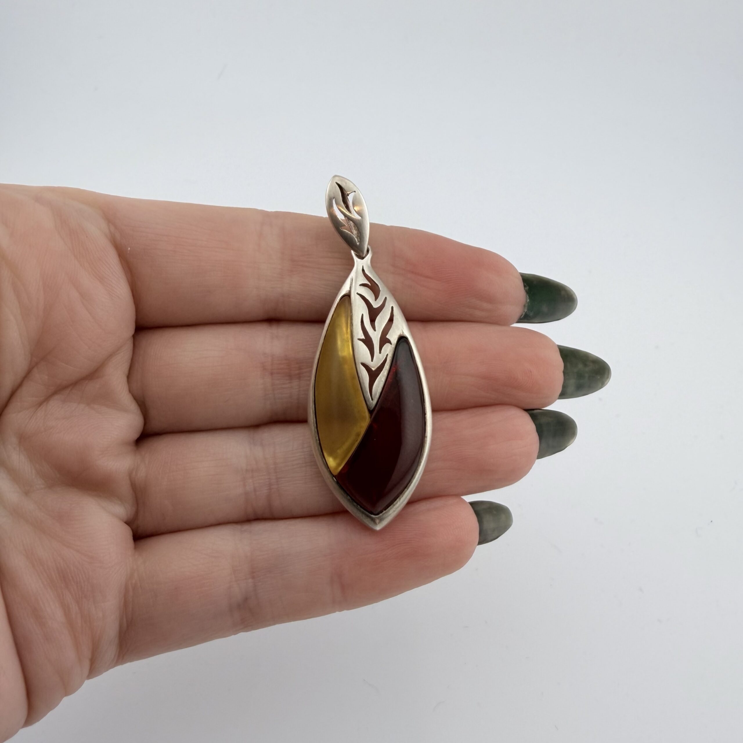 Vintage Valerio Sterling Silver and Polish Amber Pendant - Image 2