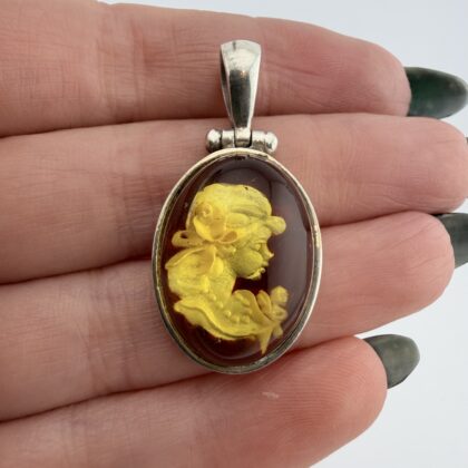 Vintage Sterling Silver and Reverse Intaglio Amber Cameo Pendant