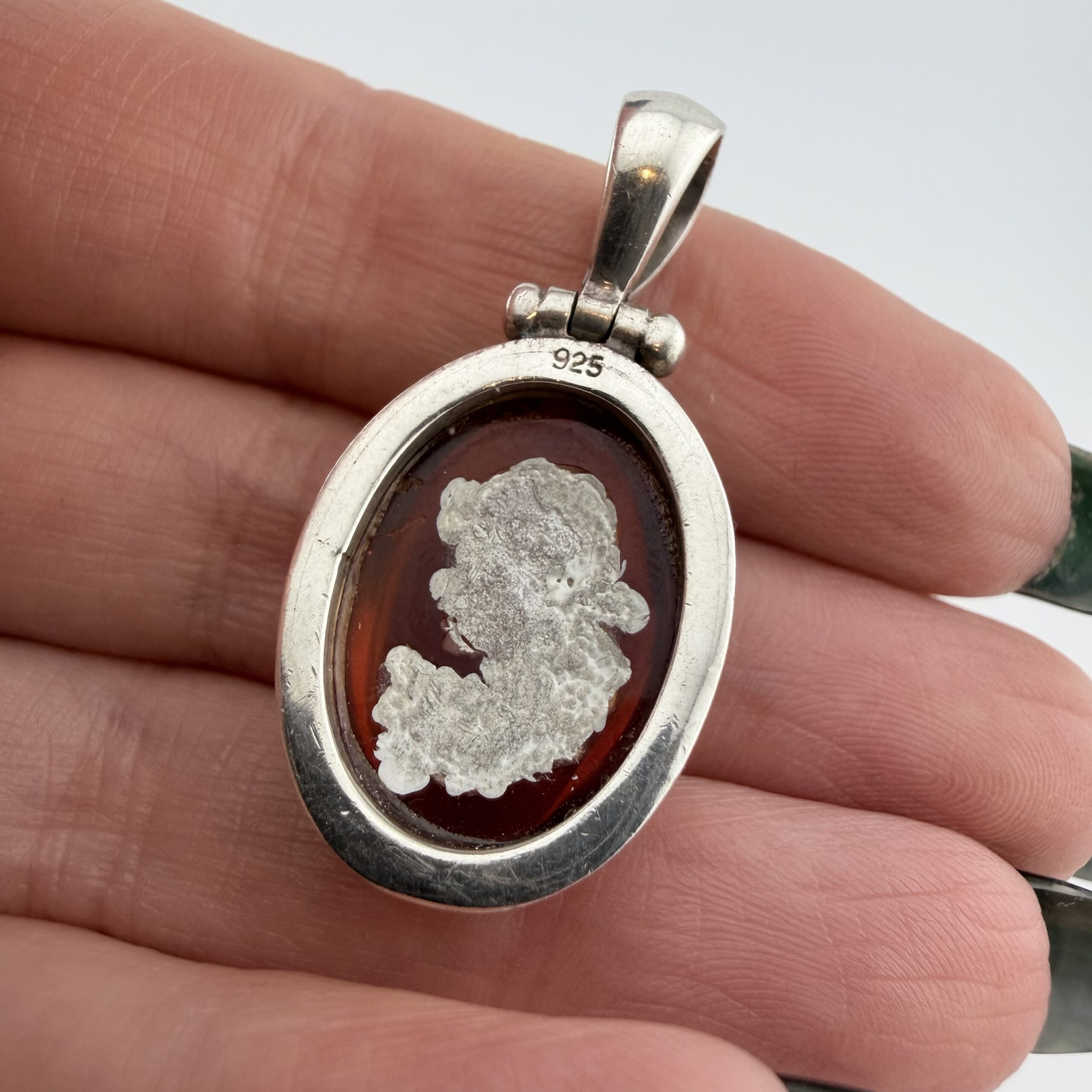 Vintage Sterling Silver and Reverse Intaglio Amber Cameo Pendant - Image 7