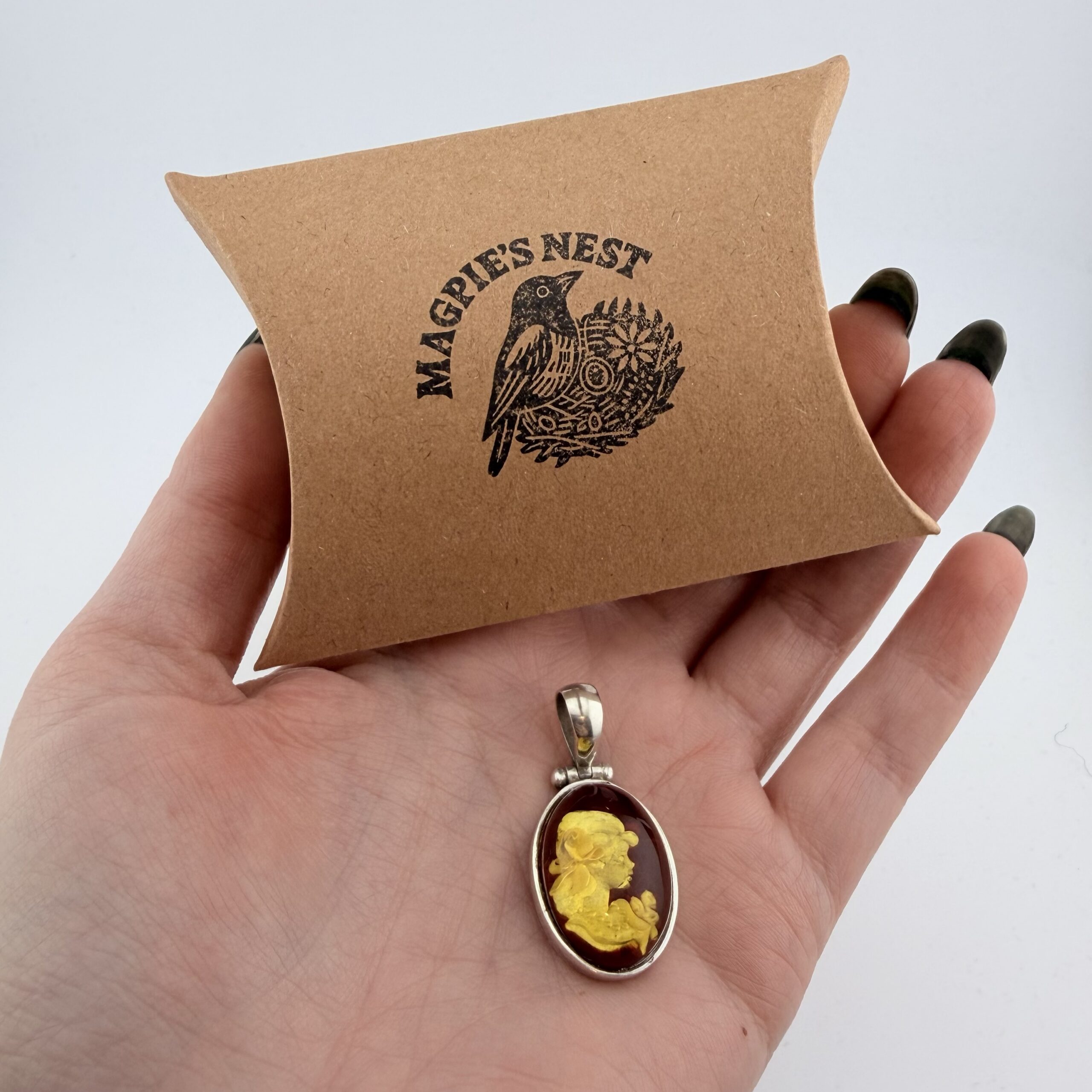 Vintage Sterling Silver and Reverse Intaglio Amber Cameo Pendant - Image 8