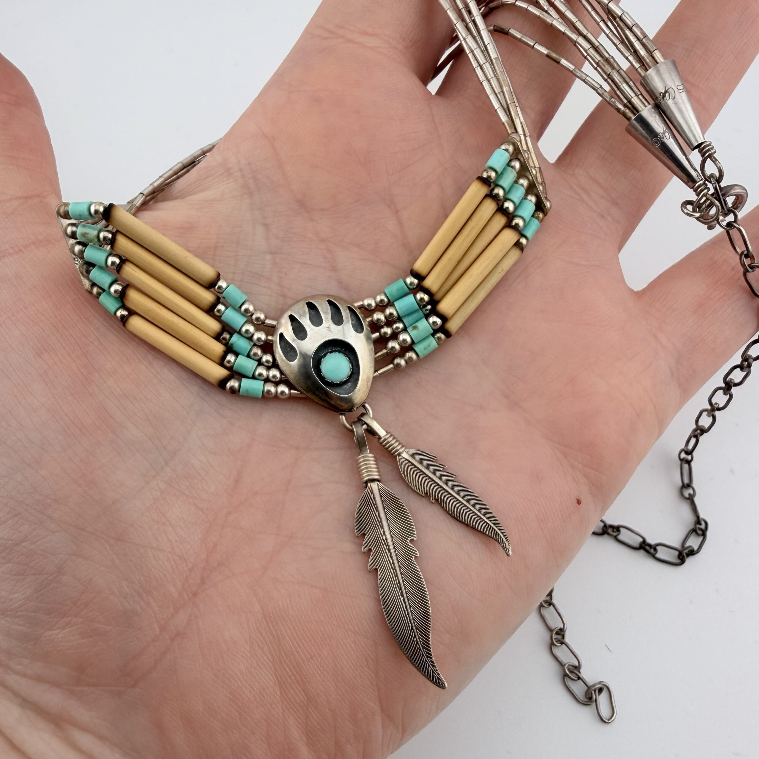 Vintage Quoc Turquoise Liquid Sterling Silver Bear Paw Choker Necklace