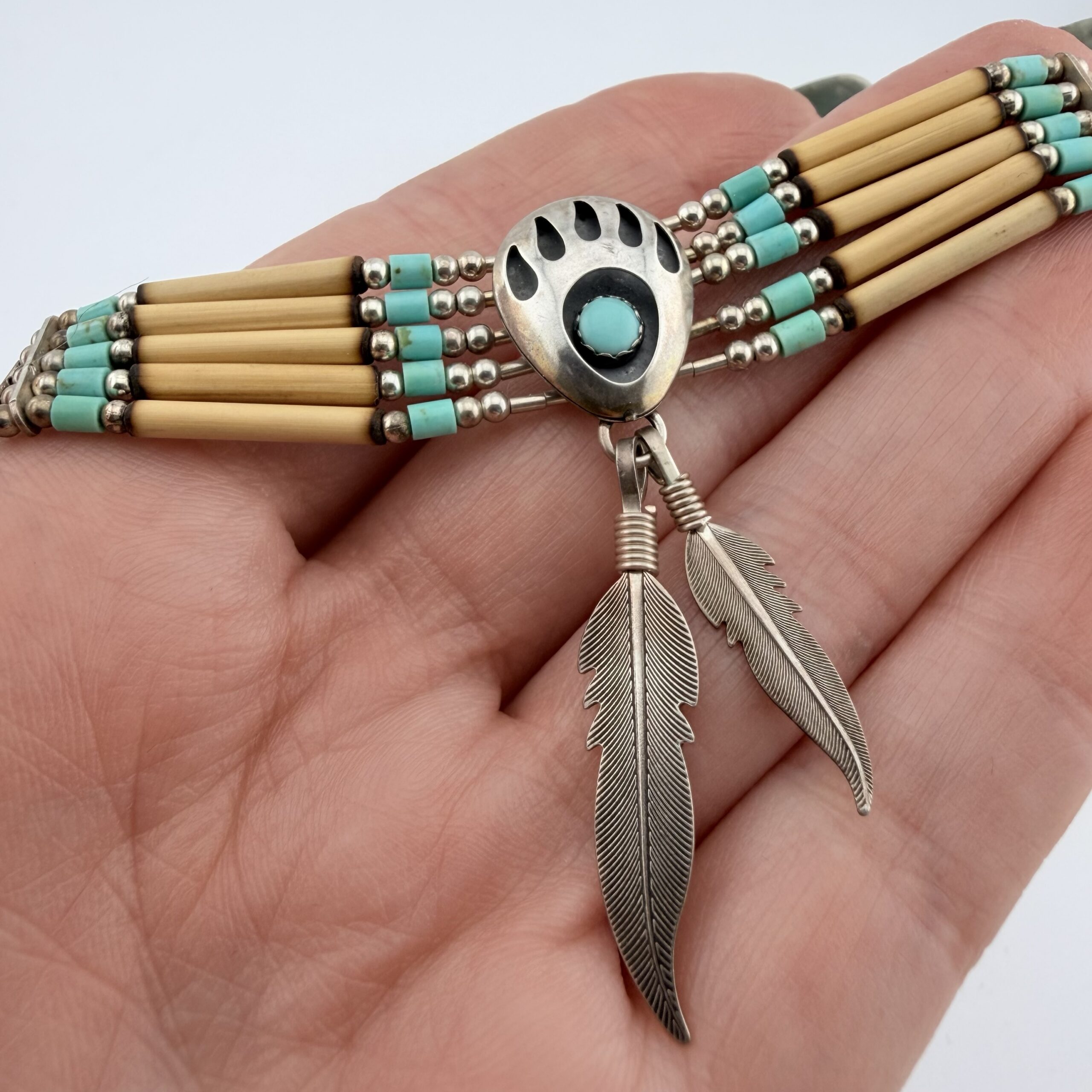 Vintage Quoc Turquoise Liquid Sterling Silver Bear Paw Choker Necklace - Image 2