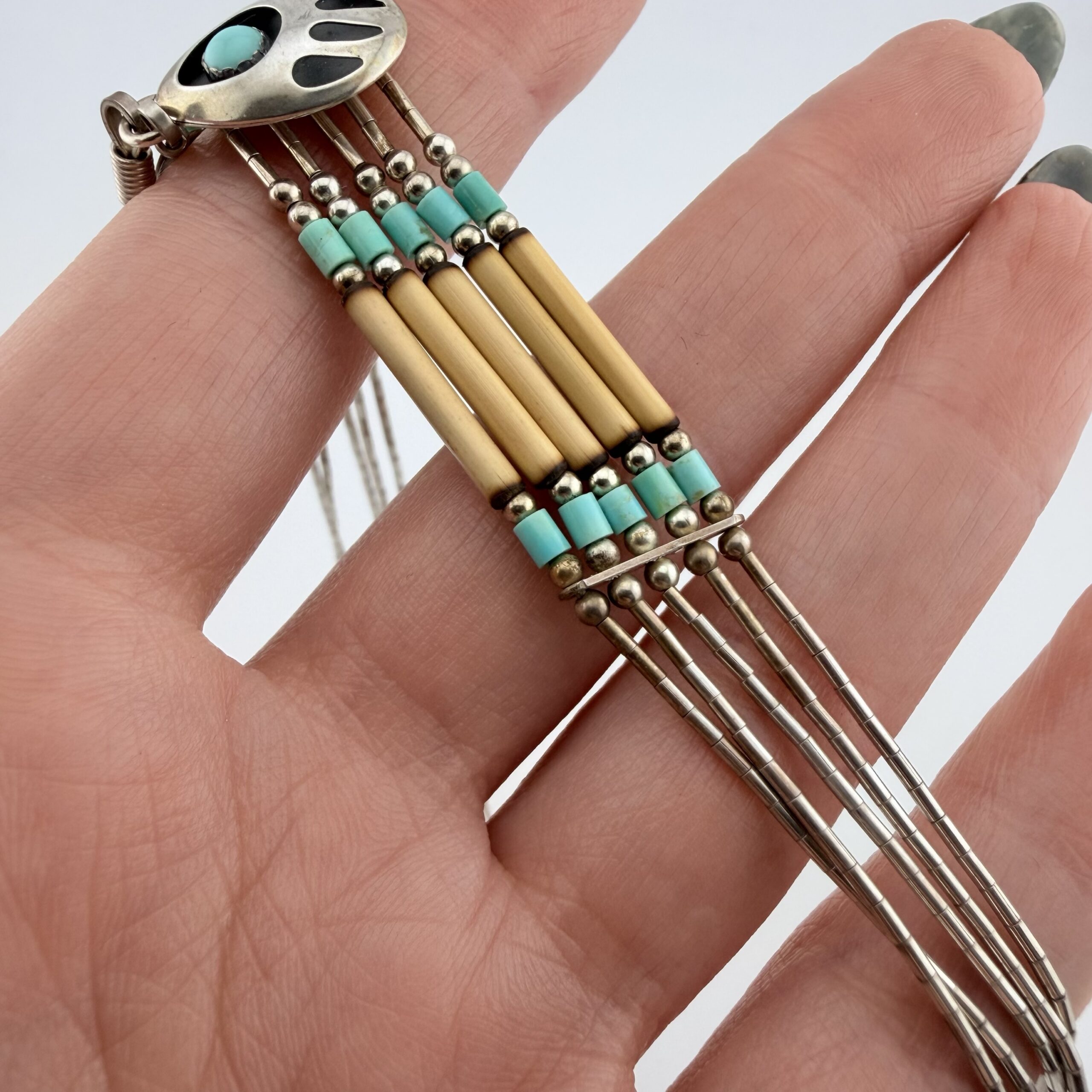 Vintage Quoc Turquoise Liquid Sterling Silver Bear Paw Choker Necklace - Image 4