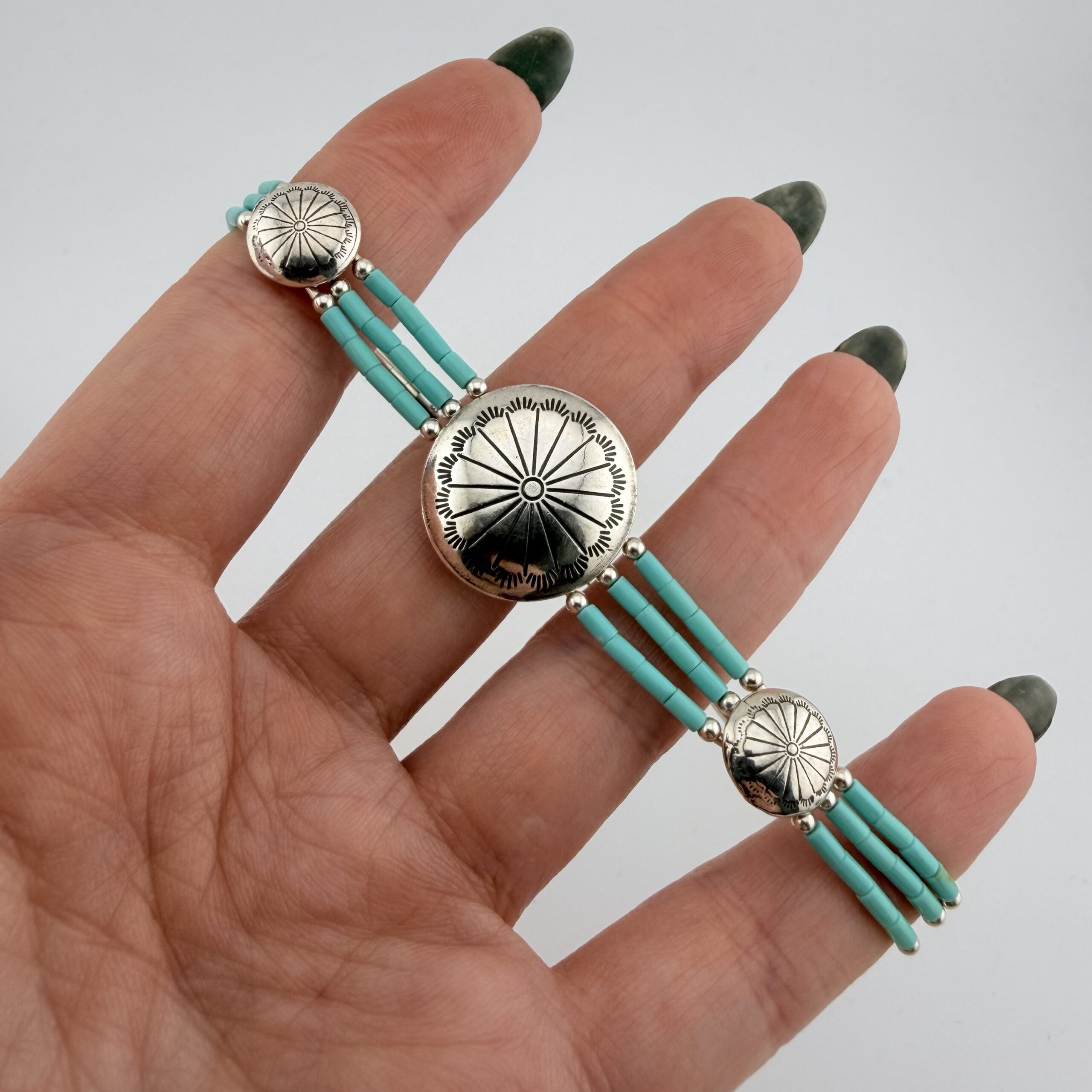 Southwestern Liquid Sterling Silver and Turquoise Concho Bracelet - Image 2