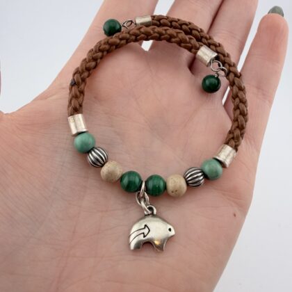 Vintage Old Carlisle Mixed Gemstone and Leather Wrap Around Bear Bracelet