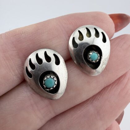 Vintage Native American Sterling Silver and Turquoise Bear Paw Earrings