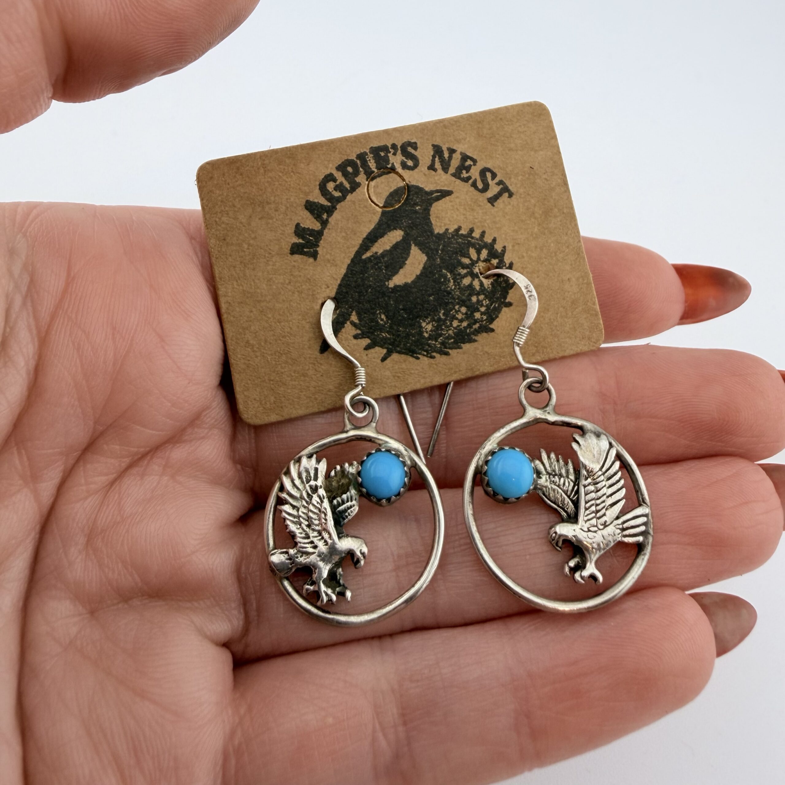 Native American Sterling Silver and Turquoise Eagle Earrings - Image 7