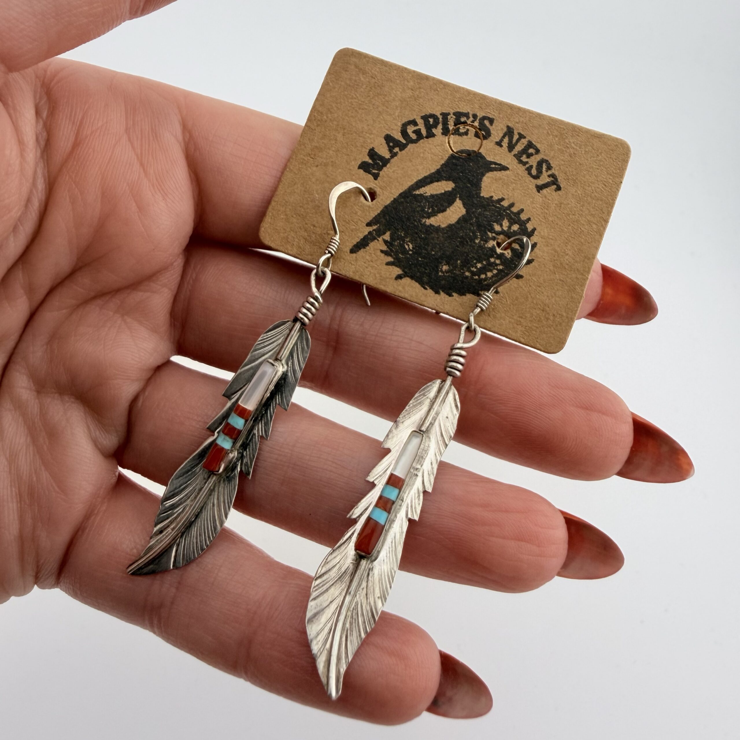 Vintage Freddy Barney Native American Sterling Silver Inlay Feather Earrings - Image 6
