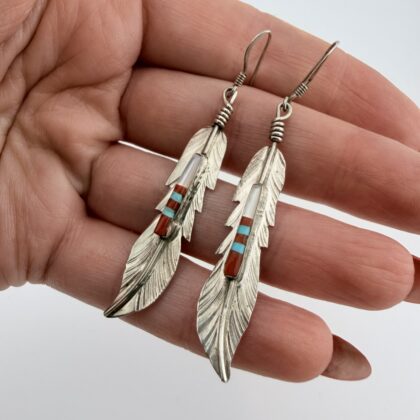 Vintage Freddy Barney Native American Sterling Silver Inlay Feather Earrings