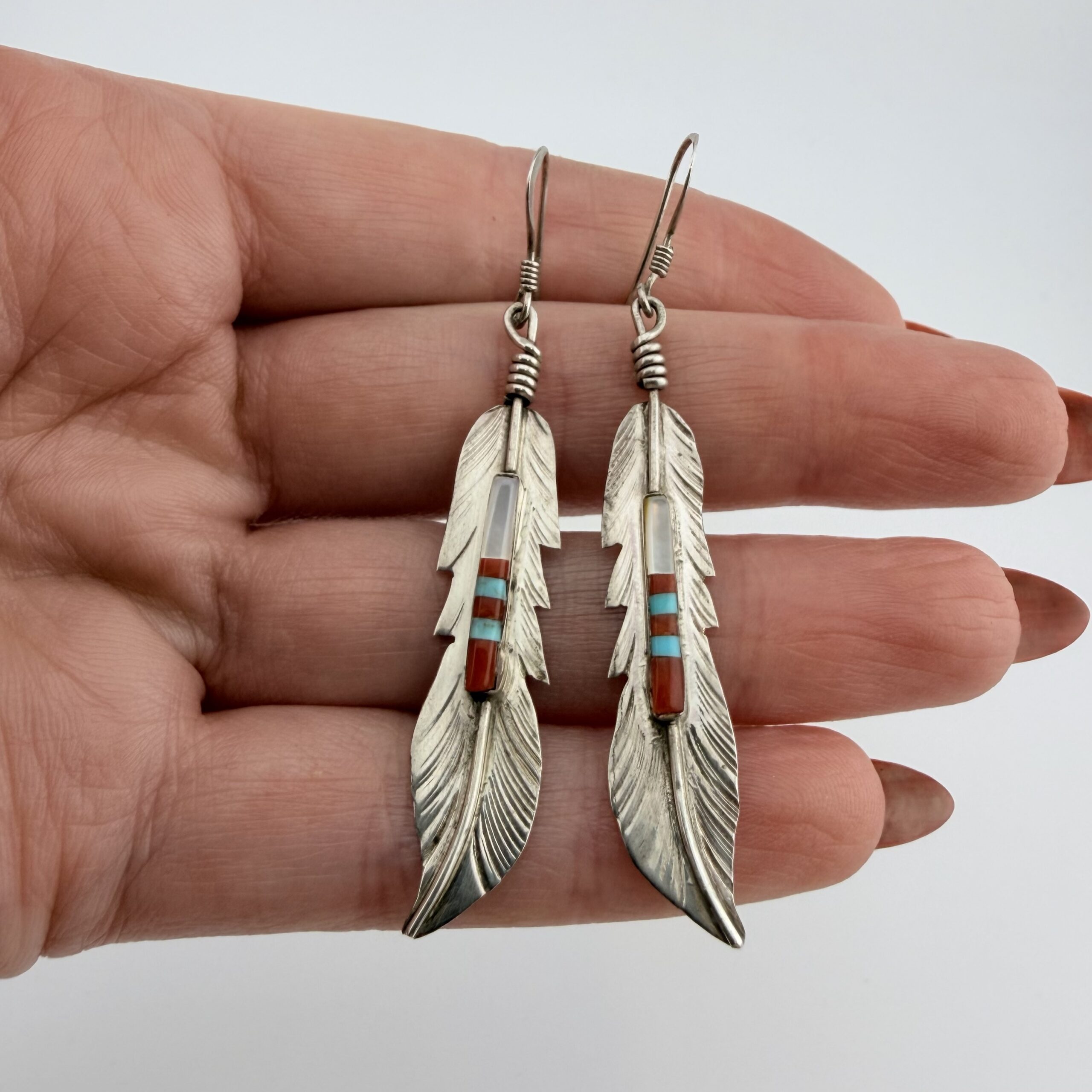 Vintage Freddy Barney Native American Sterling Silver Inlay Feather Earrings - Image 2