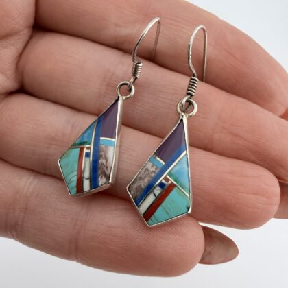 Native American Sterling Silver and Mixed Gemstone Inlay Earrings