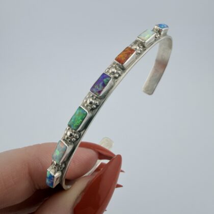 Vintage Ernest and Vivnita Bewanika Native American Sterling Silver and Rainbow Opal Cuff Bangle