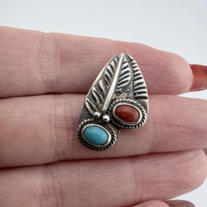 Native American Sterling Silver, Turquoise and Coral Feather Pendant