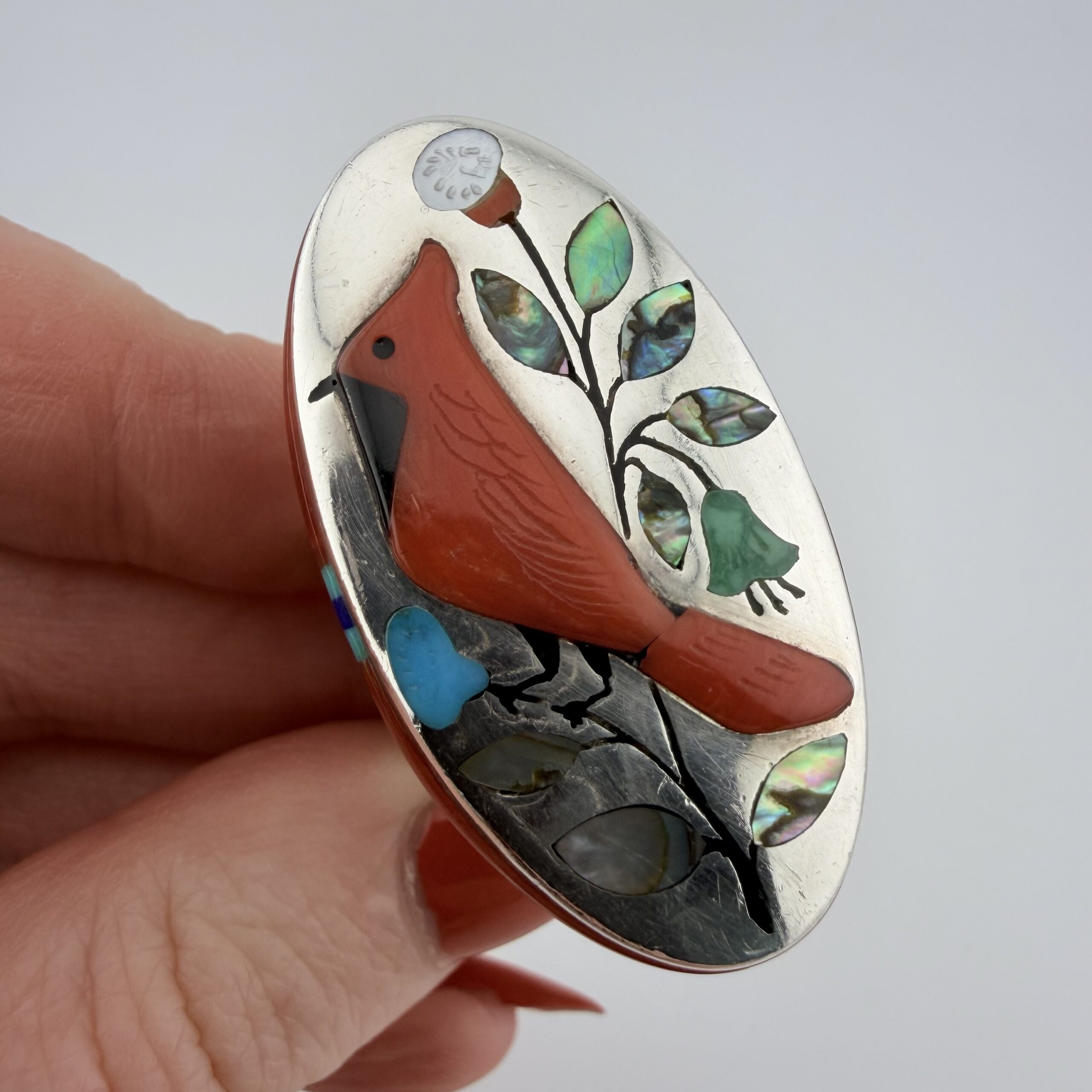 Jay and Irene Livingston Native American Sterling Silver Cardinal Bird Inlay Ring - Image 2