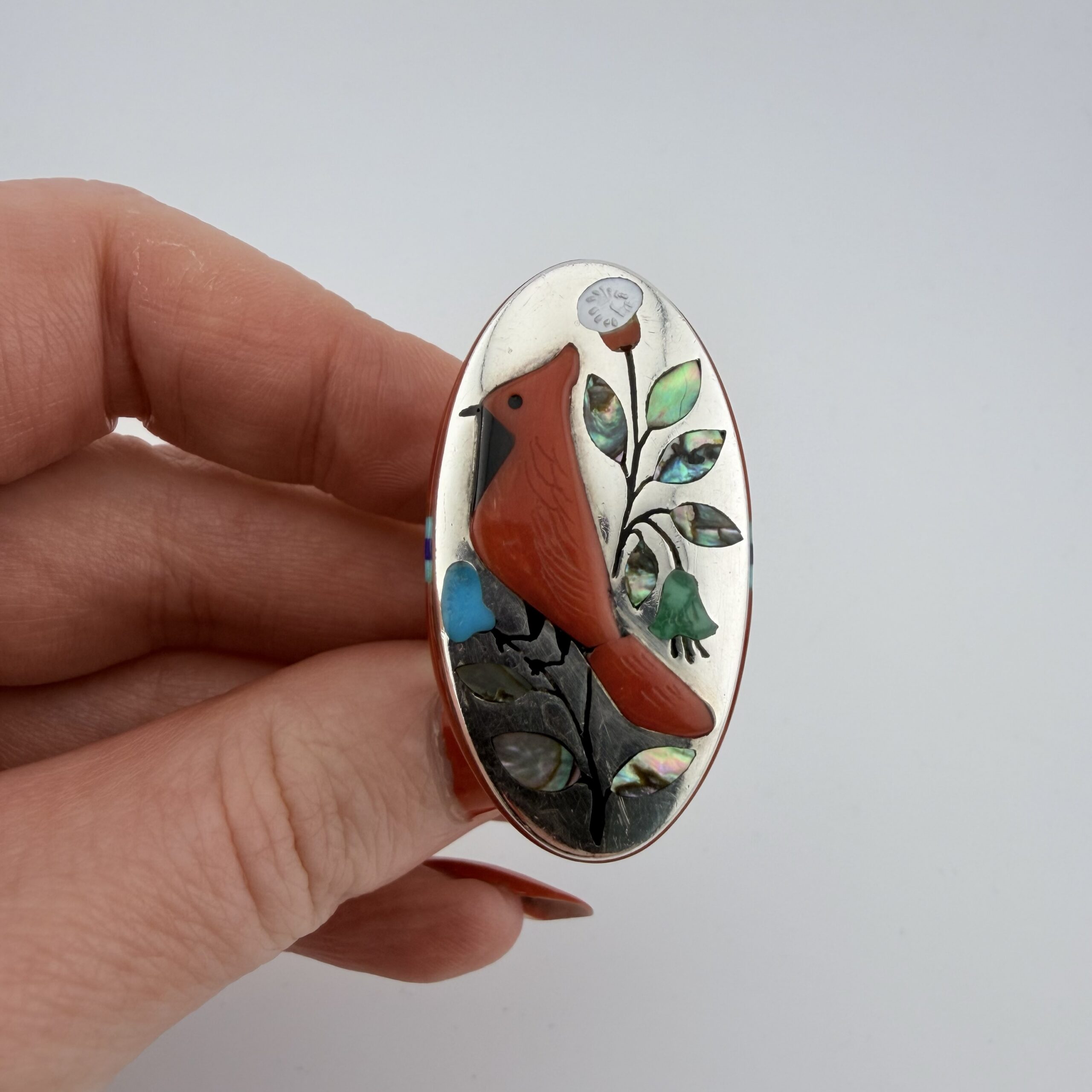 Jay and Irene Livingston Native American Sterling Silver Cardinal Bird Inlay Ring - Image 3