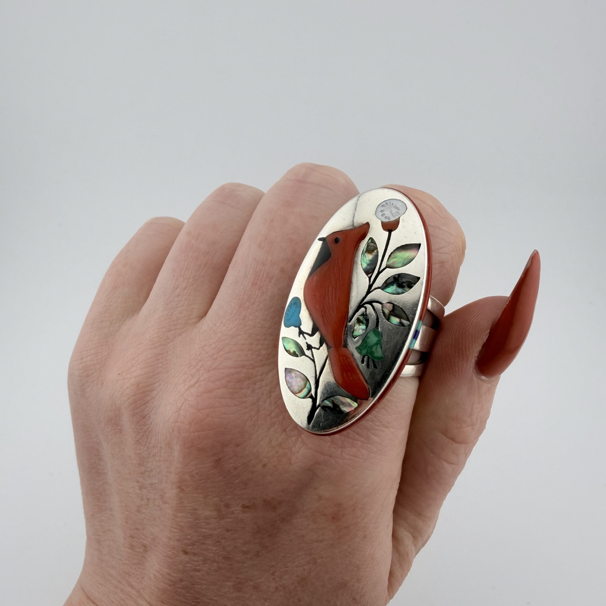 Jay and Irene Livingston Native American Sterling Silver Cardinal Bird Inlay Ring - Image 10