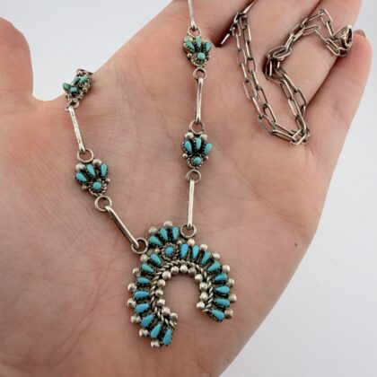 Vintage Nelson Yazzie Native American Sterling Silver and Turquoise Petit-Point Naja Necklace