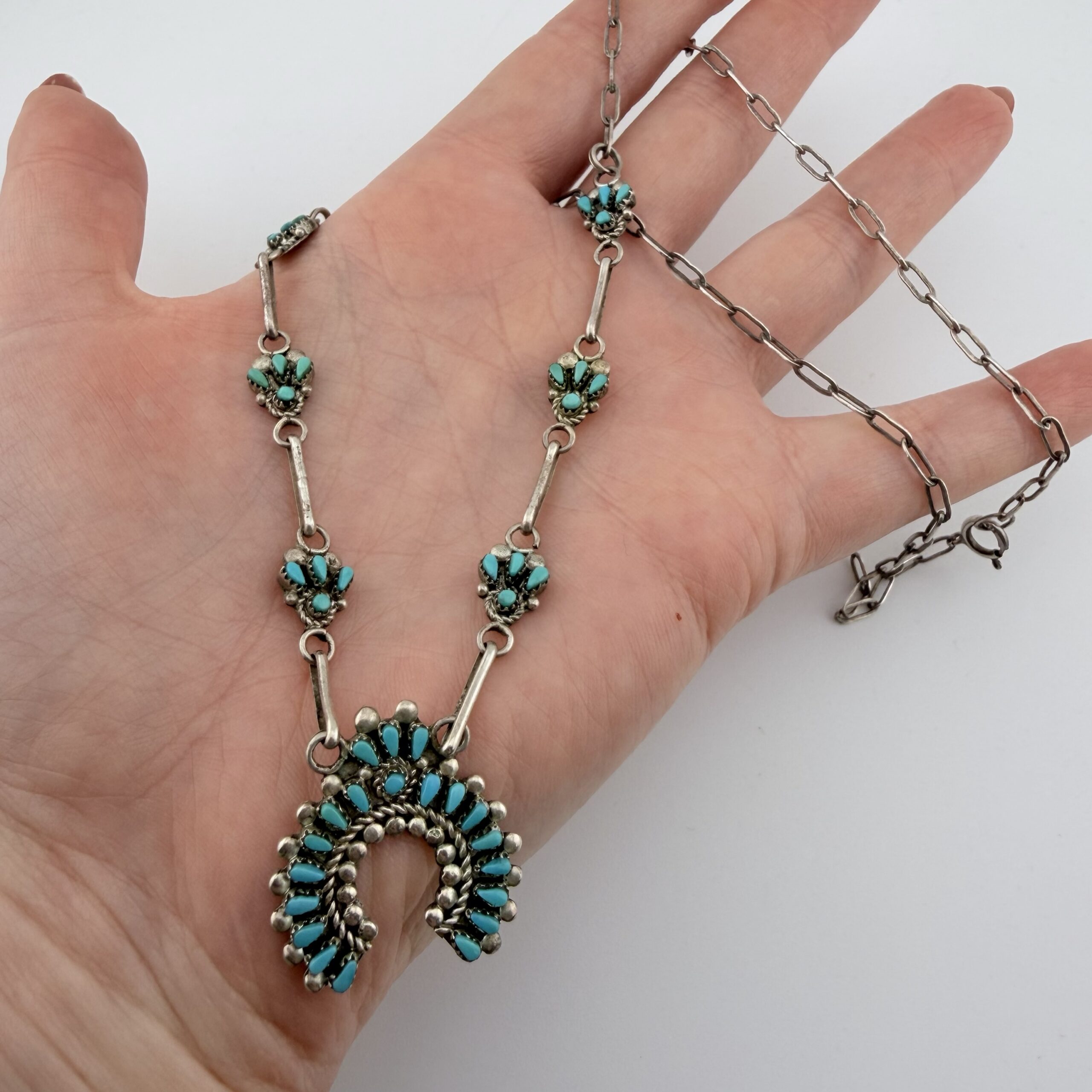 Vintage Nelson Yazzie Native American Sterling Silver and Turquoise Petit-Point Naja Necklace - Image 2