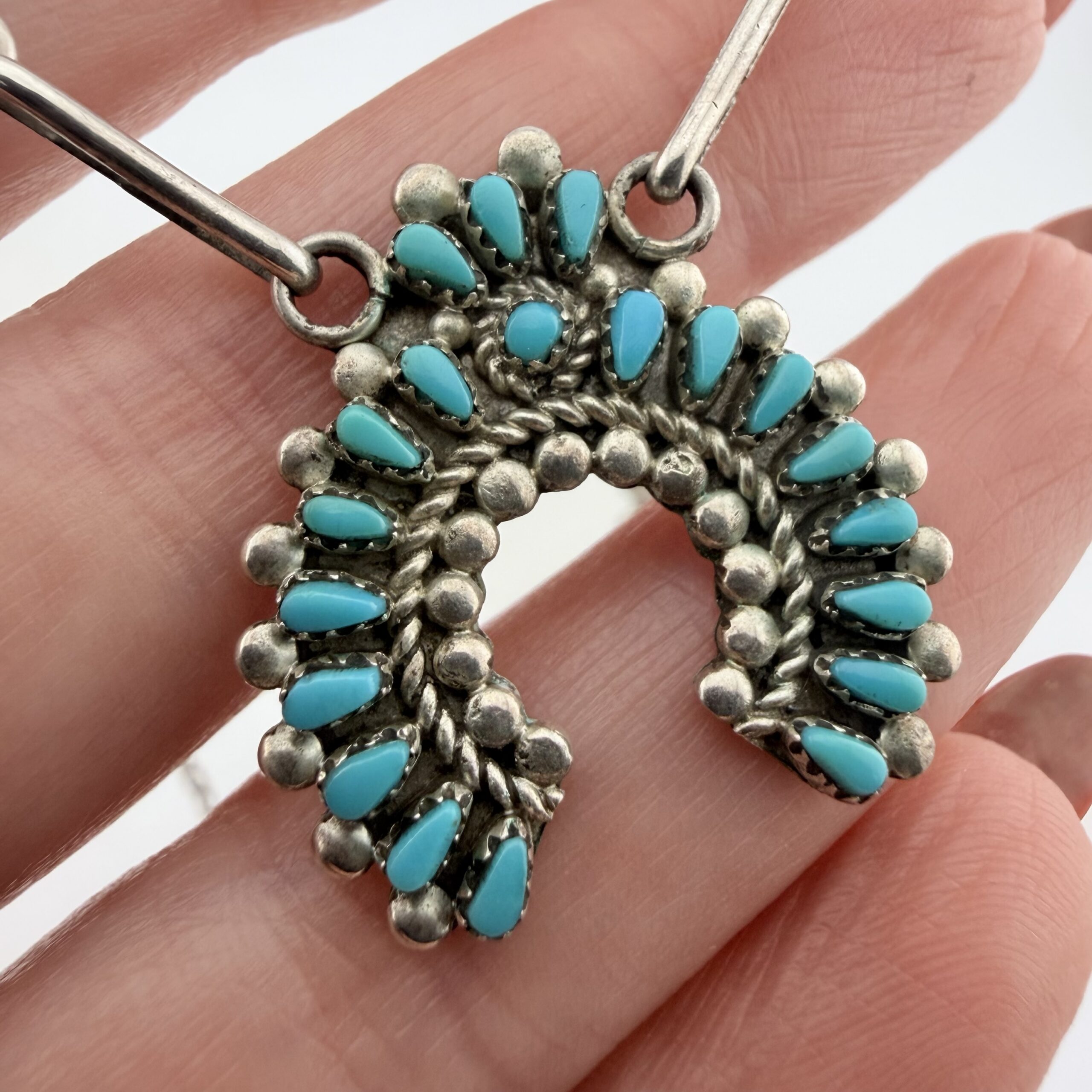 Vintage Nelson Yazzie Native American Sterling Silver and Turquoise Petit-Point Naja Necklace - Image 3