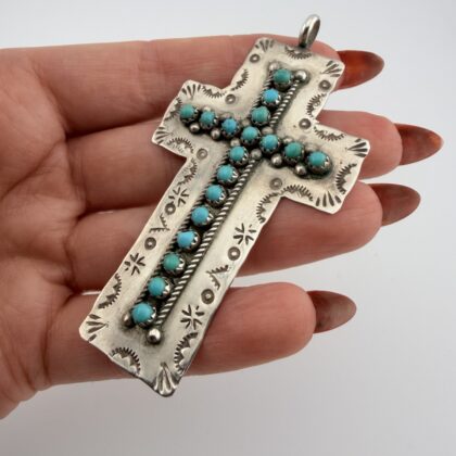 Large Vintage Jason and Pearl Ukestine Native American Sterling Silver and Turquoise Crucifix Pendant