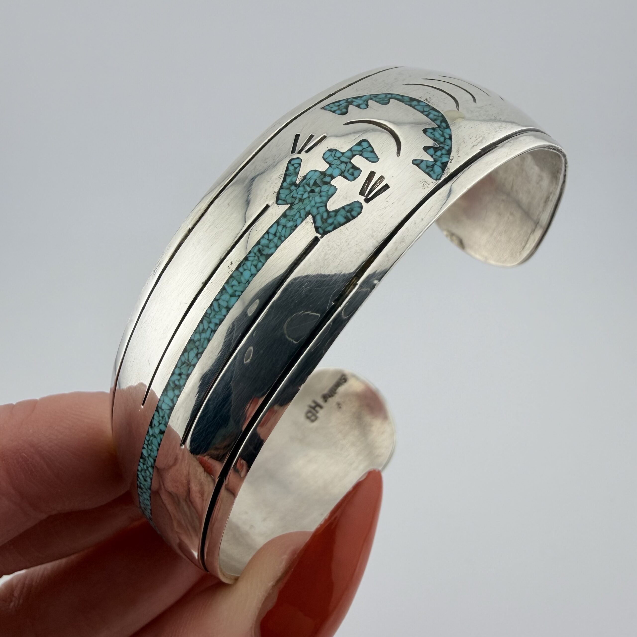Vintage Native American Sterling Silver and Turquoise Yei Cuff Bracelet