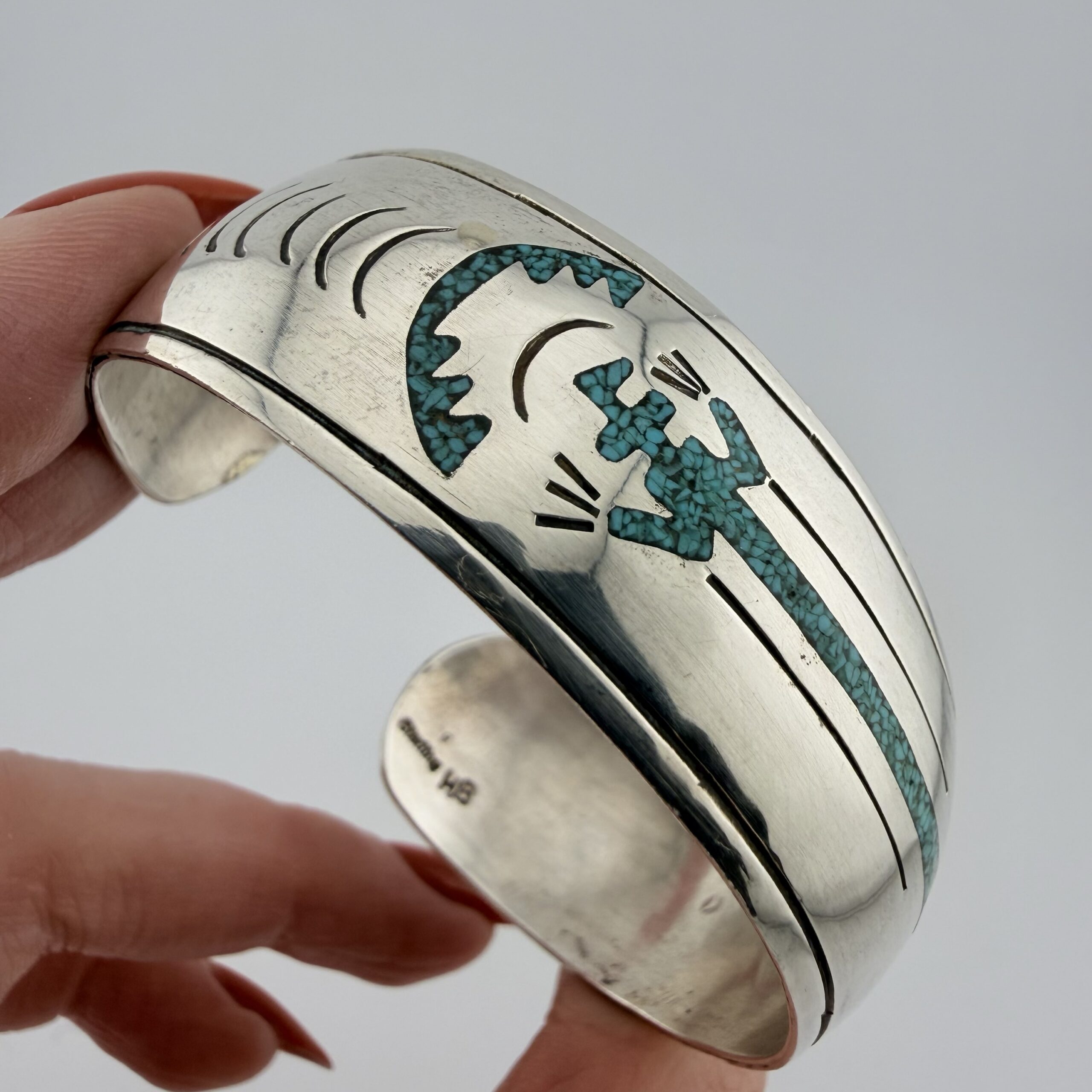 Vintage Native American Sterling Silver and Turquoise Yei Cuff Bracelet - Image 2