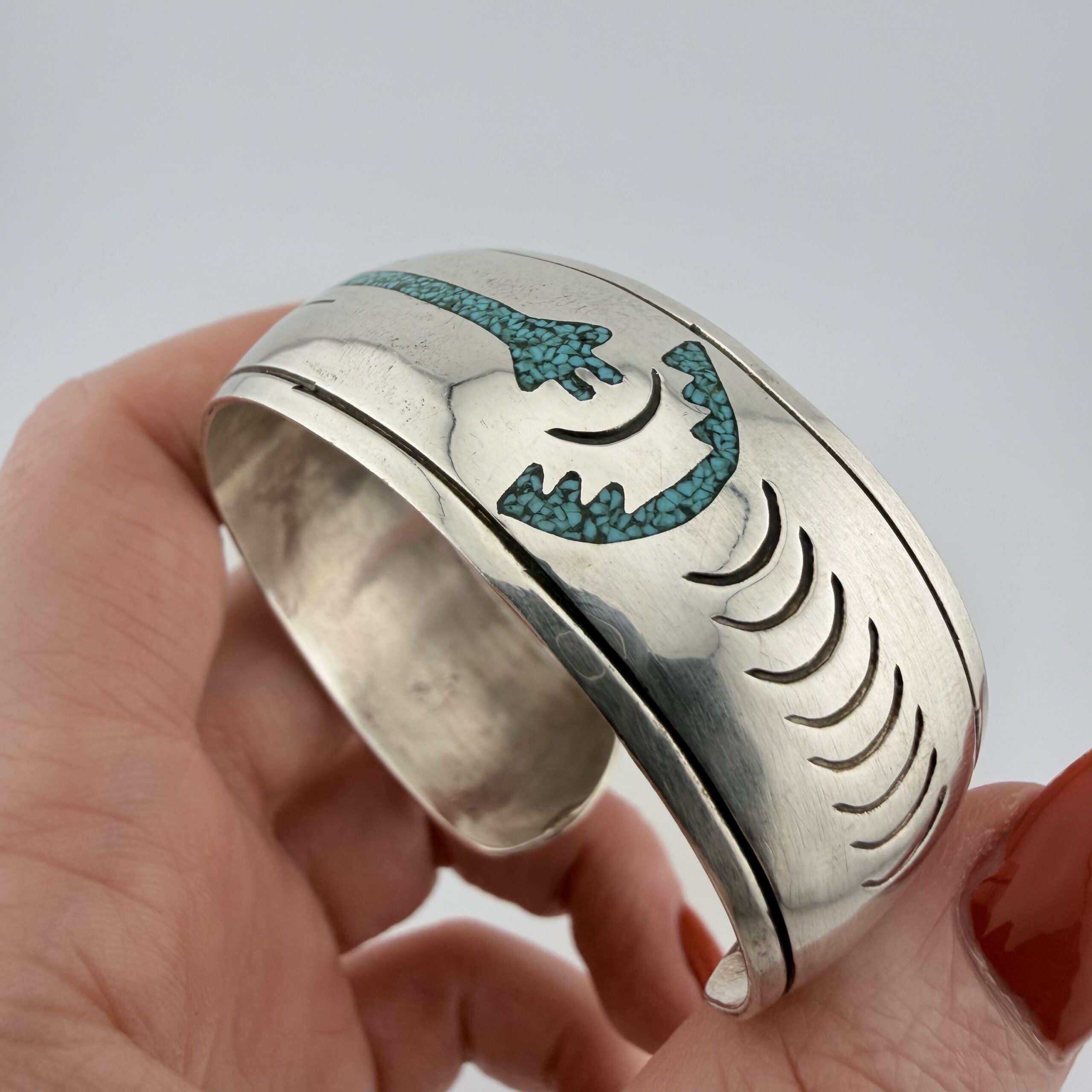 Vintage Native American Sterling Silver and Turquoise Yei Cuff Bracelet - Image 3