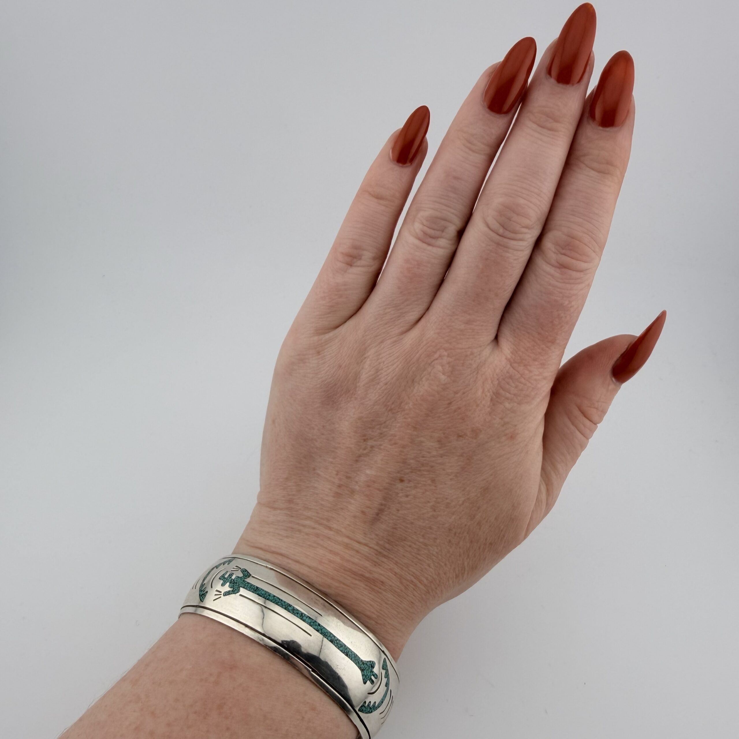 Vintage Native American Sterling Silver and Turquoise Yei Cuff Bracelet - Image 5