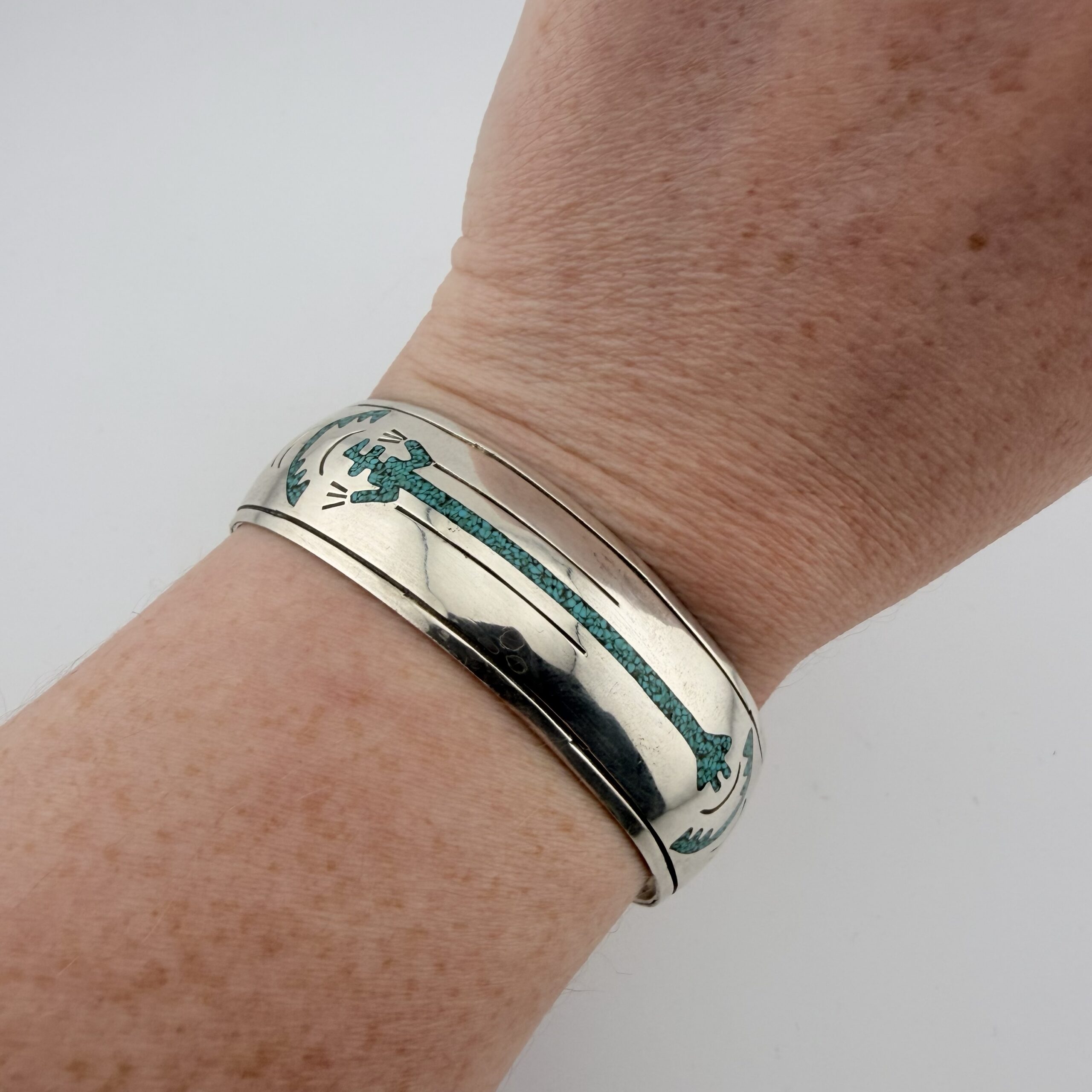 Vintage Native American Sterling Silver and Turquoise Yei Cuff Bracelet - Image 6