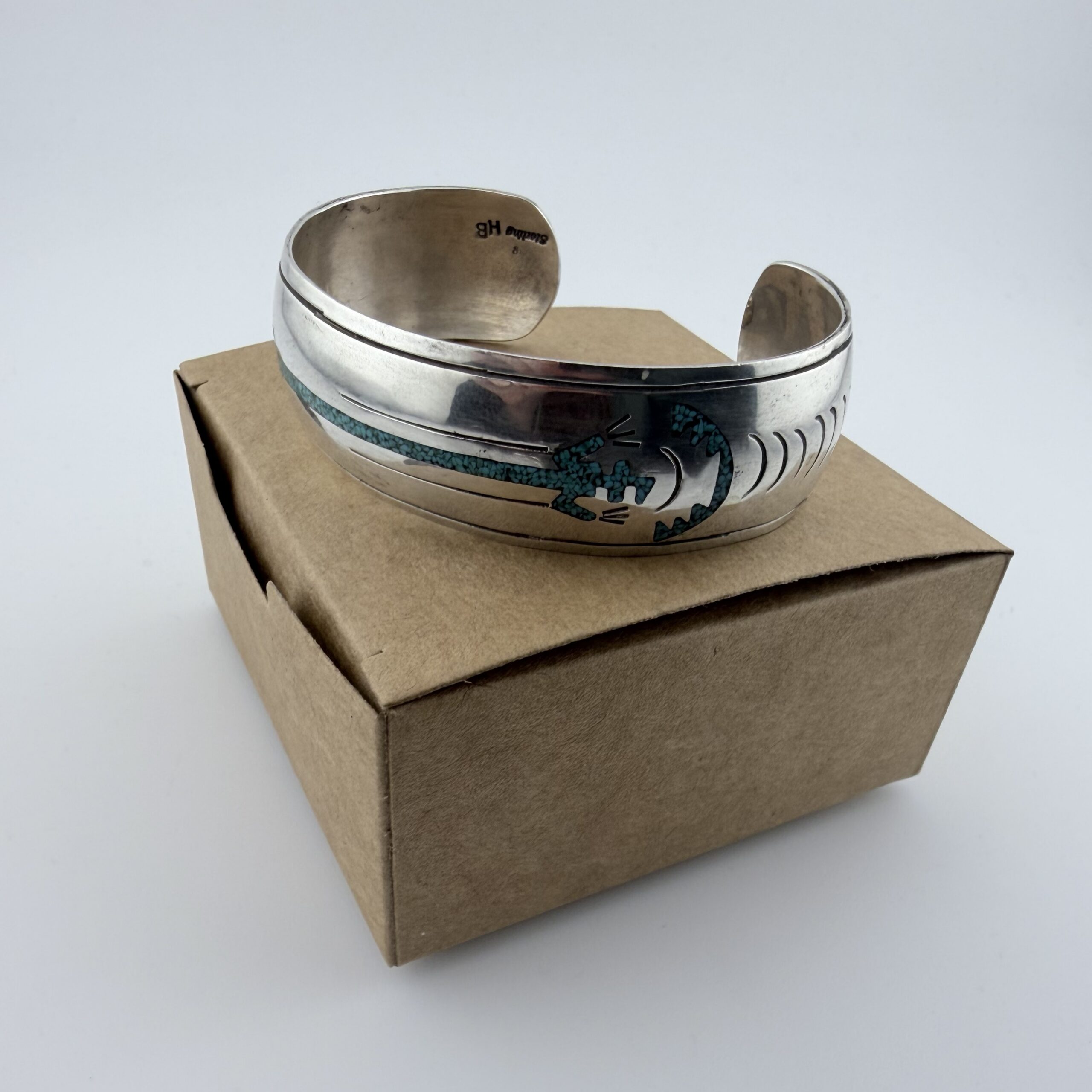 Vintage Native American Sterling Silver and Turquoise Yei Cuff Bracelet - Image 7