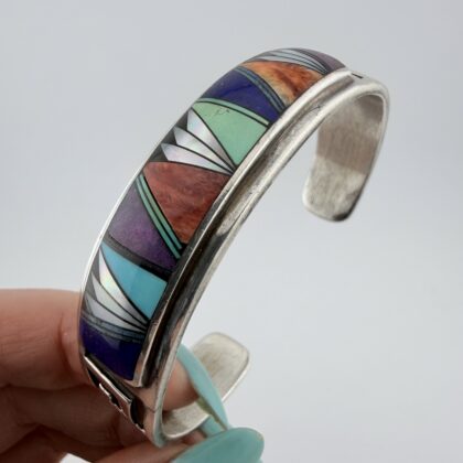 Vintage Rick Tolino Sterling Silver and Mixed Gemstone Inlay Cuff Bracelet