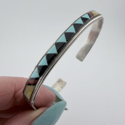 Vintage Native American Sterling Silver and Mixed Gemstone Inlay Cuff Bracelet