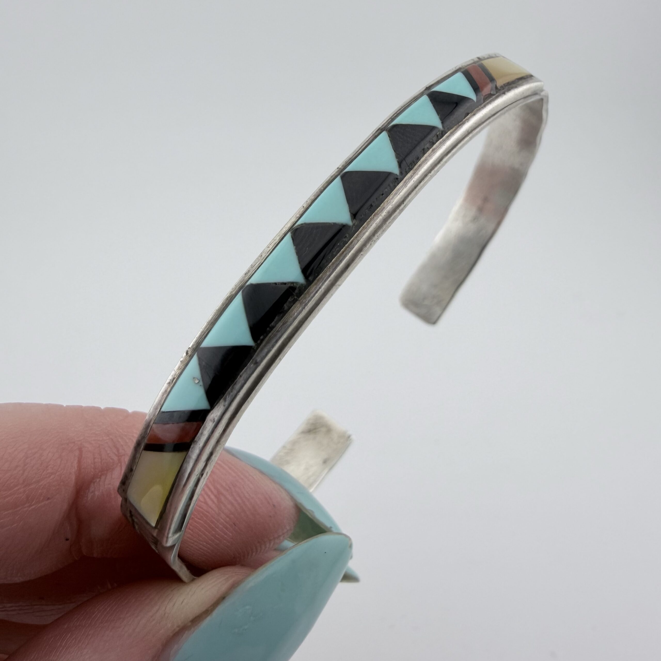 Vintage Native American Sterling Silver and Mixed Gemstone Inlay Cuff Bracelet