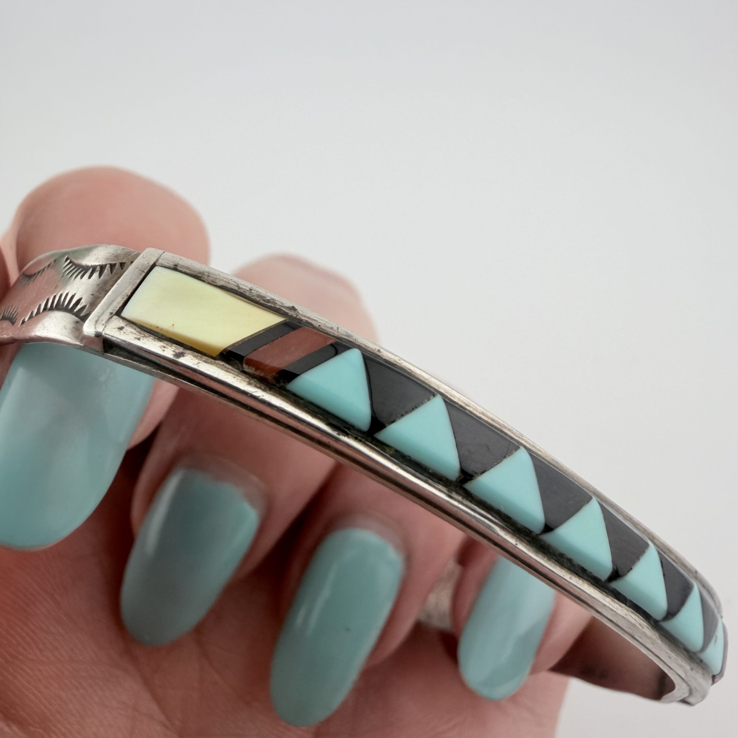 Vintage Native American Sterling Silver and Mixed Gemstone Inlay Cuff Bracelet - Image 2