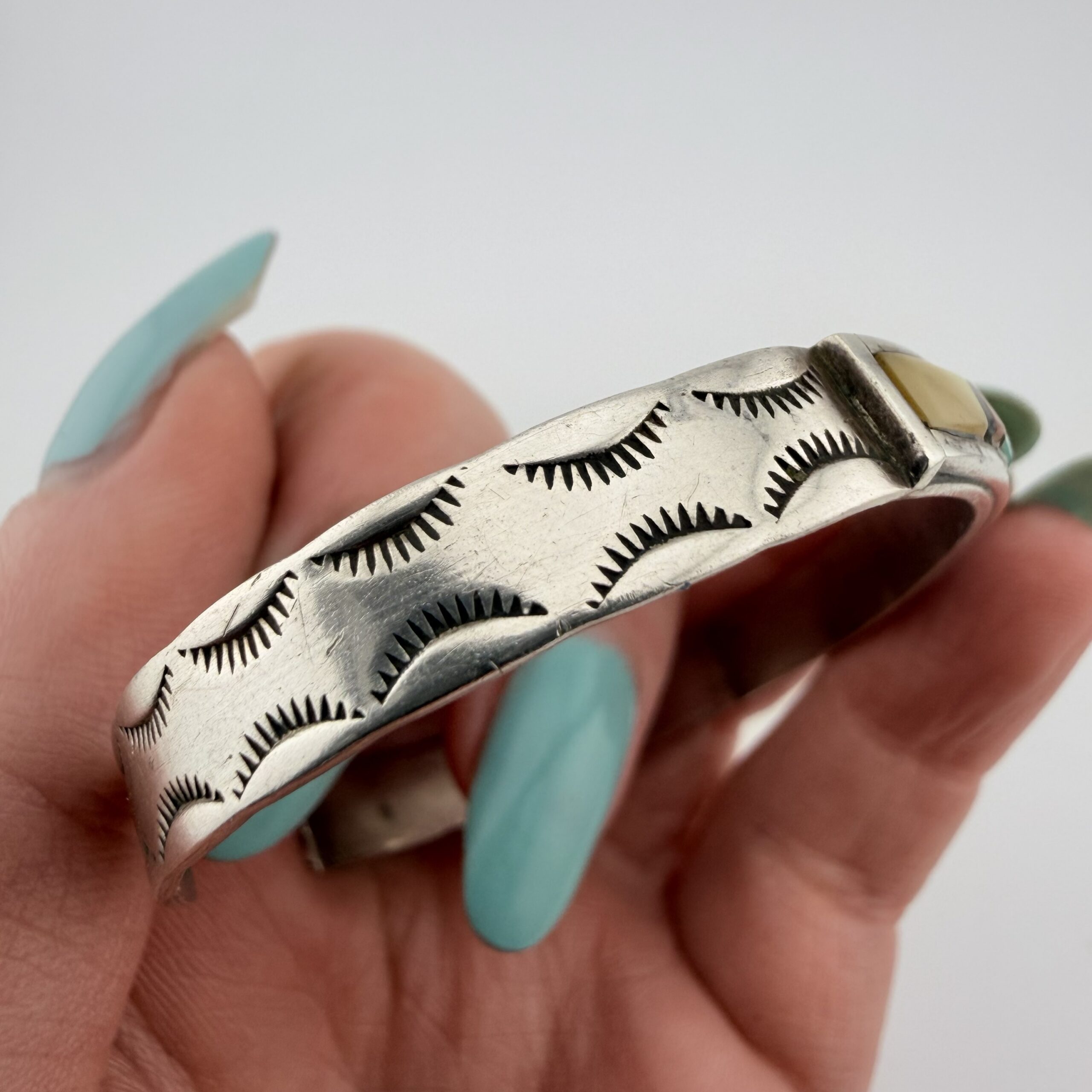 Vintage Native American Sterling Silver and Mixed Gemstone Inlay Cuff Bracelet - Image 3