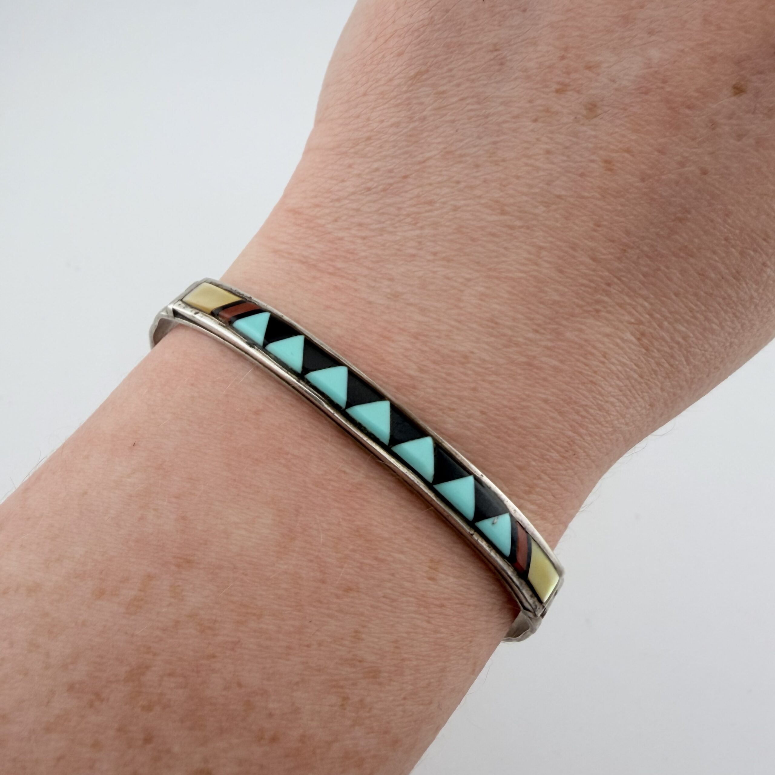 Vintage Native American Sterling Silver and Mixed Gemstone Inlay Cuff Bracelet - Image 7