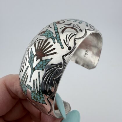 Vintage Gilo and Grace Nakai Native American Sterling Silver and Inlay Cuff Bracelet