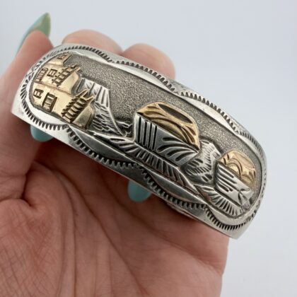 Vintage Mike Smith Native American Sterling Silver and Brass Story Teller Cuff Bracelet