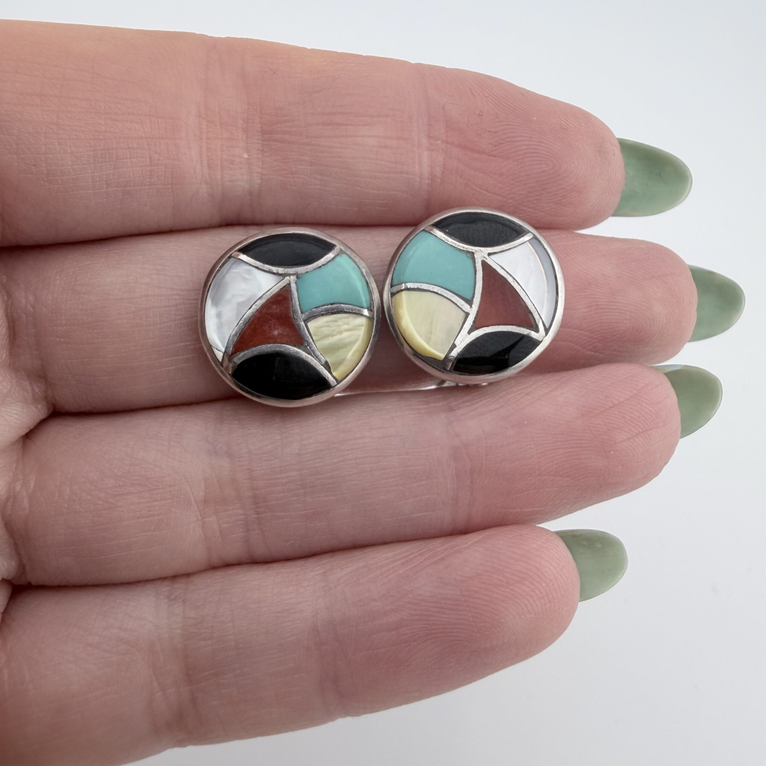 Vintage Native American Sterling Silver Inlay Clip-On Earrings - Image 2