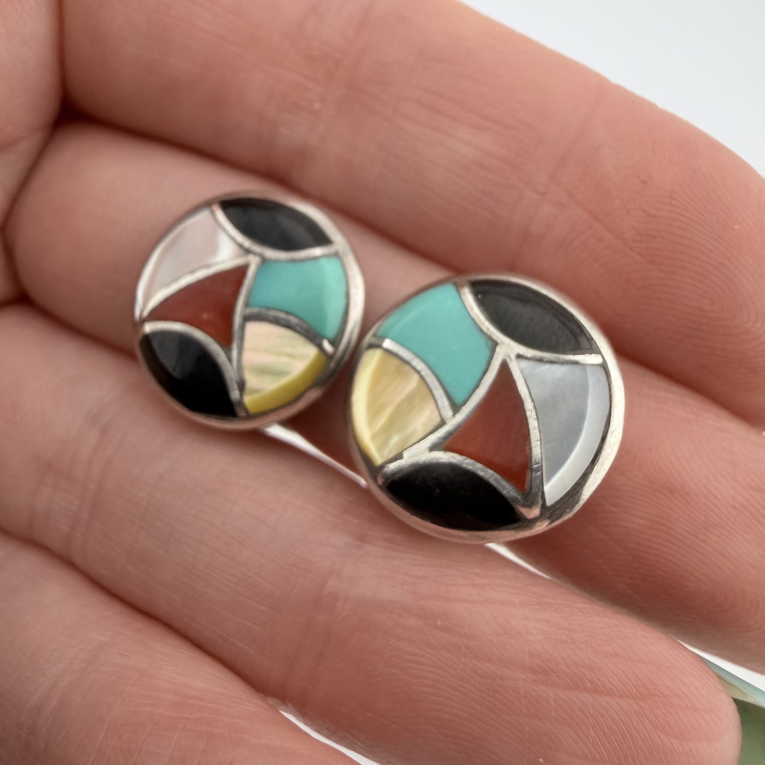 Vintage Native American Sterling Silver Inlay Clip-On Earrings - Image 3
