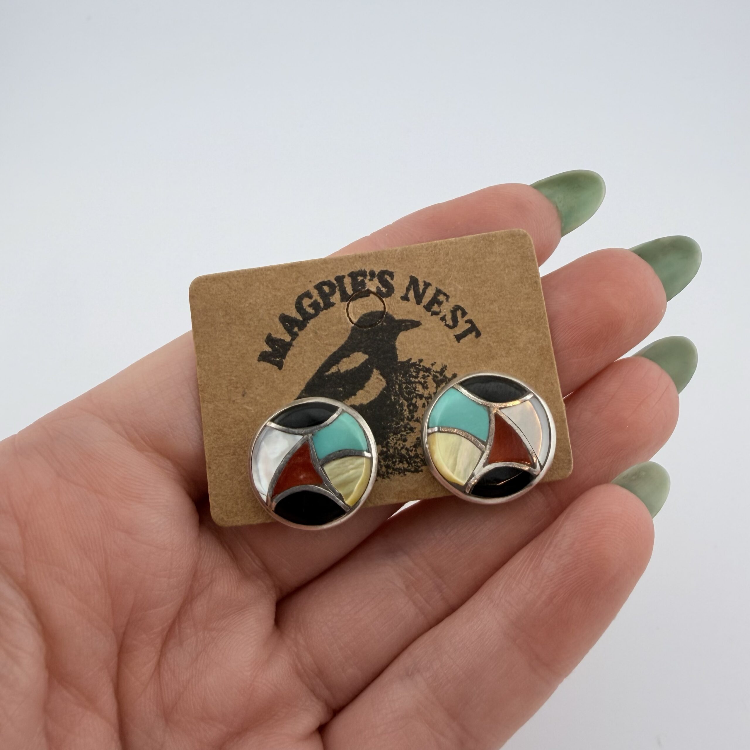 Vintage Native American Sterling Silver Inlay Clip-On Earrings - Image 6