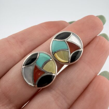 Vintage Native American Sterling Silver Inlay Clip-On Earrings
